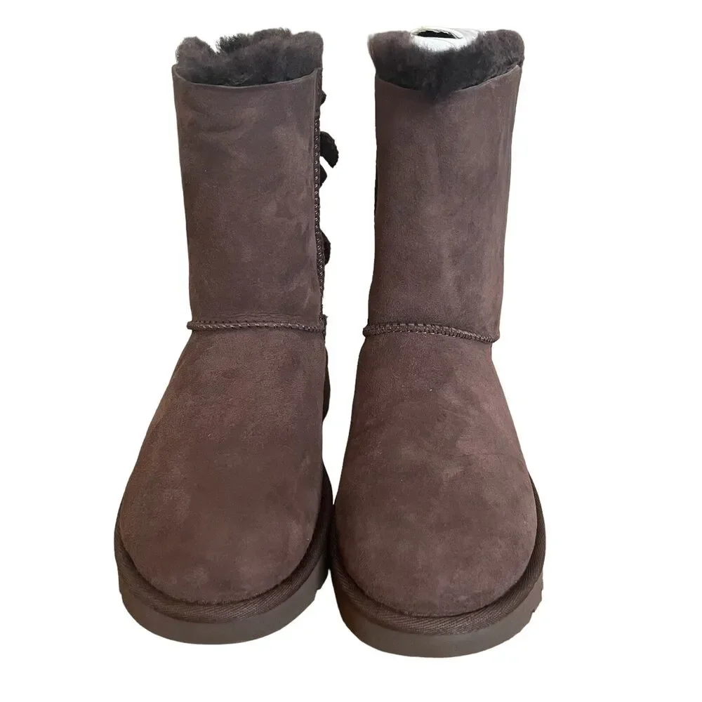 UGG Boots Bailey Bow Corduroy Chocolate Brown Womens Sz 5 Suede Leather Mid Calf
